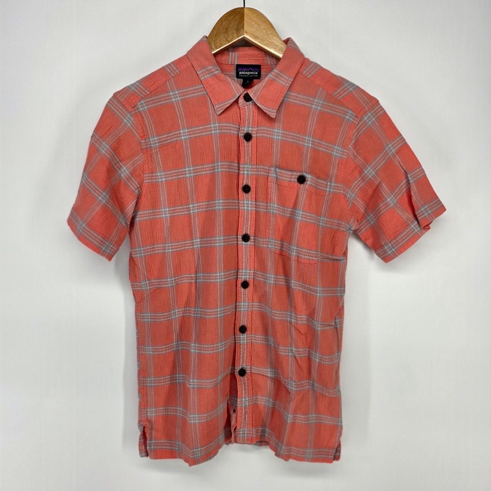 Patagonia Button Down Shirt Mens S Pink Plaid Organic Short Sleeve Casual 8849